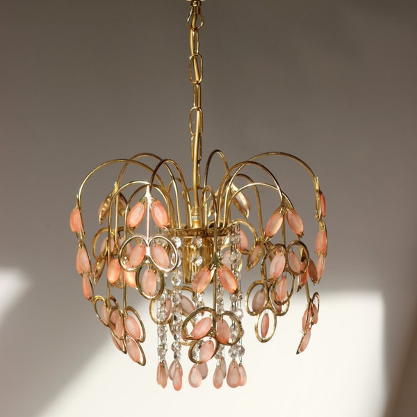 Elegant French Pink Boudoir Chic Crystal Chandelier, Sixties Pink Crystal Ceiling Light Vintage Lighting