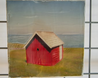 Photo Encaustic Painting - Red Shed Seaside