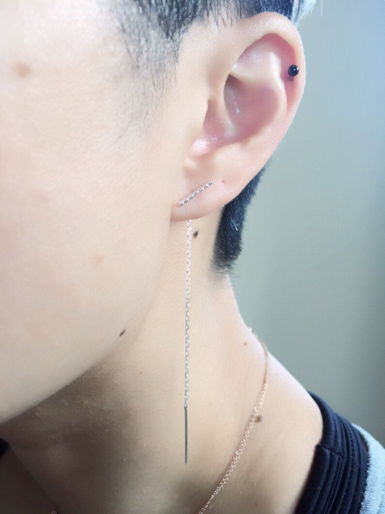 Beaded T bar threader pull through earring single threader earring beaded bar thread earring beaded chain earring silver bar threader