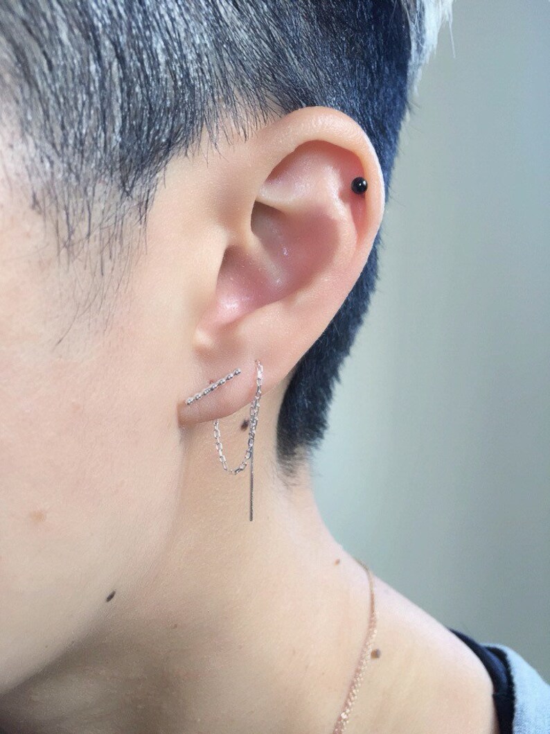 Beaded T bar threader pull through earring single threader earring beaded bar thread earring beaded chain earring silver bar threader