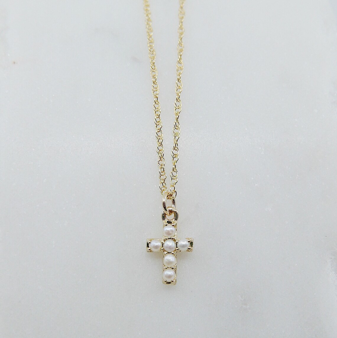 Cross Pearl Necklace 14k Gold Crucifix necklace Small 14k Etsy