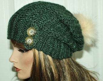 Beautiful Emerald Green Slouchy Hat with Button Accent and Detachable Furry Pom Pom Beanie Boho Womens Girls Teens Winter