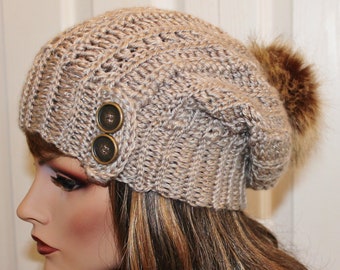 Beautiful Light Grey Taupe Slouchy Hat with Button Accent and Detachable Furry Pom Pom Beanie Boho Womens Girls Teens Winter