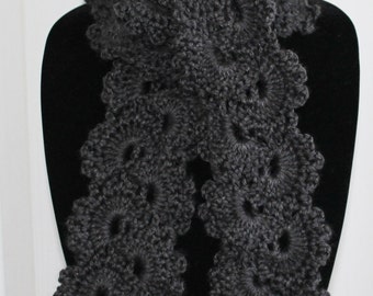 Beautiful Charcoal Grey Queen Anne's Lace Handmade Crochet Scarf