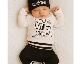 Newborn Boy Coming Home Outfit, Personalized Newborn Outfit, Baby Shower Gift, Custom Name Bodysuit, New to the Crew Bodysuit
