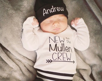 Newborn Boy Coming Home Outfit, Personalized Newborn Outfit, Baby Shower Gift, Custom Name Bodysuit, New to the Crew Bodysuit