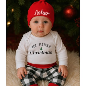 Baby Boy First Christmas Outfit Personalized, My first Christmas pajamas, My 1st Christmas, newborn Christmas image 2