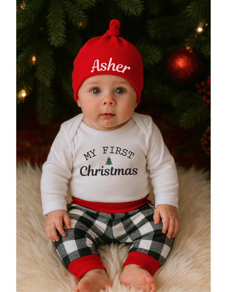 Baby Boy First Christmas Outfit Personalized, My first Christmas pajamas, My 1st Christmas, newborn Christmas image 2