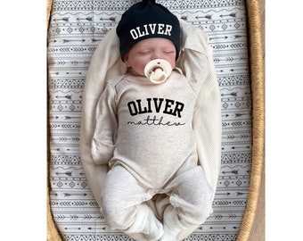 Baby Boy Coming Home Outfit, Personalized oatmeal vintage romper with hat, custom gender baby boy coming home, baby shower gift