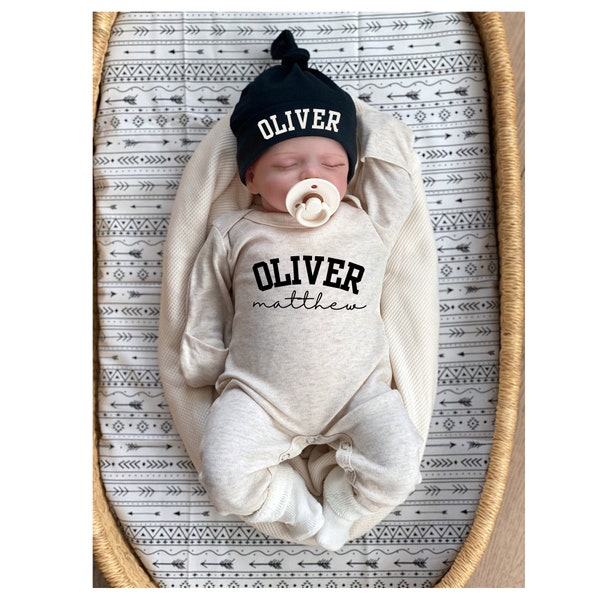 Baby Boy Coming Home Outfit, Personalized oatmeal vintage romper with hat, custom gender baby boy coming home, baby shower gift