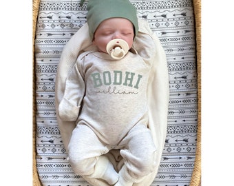 Baby Boy Coming Home Outfit, Personalized oatmeal vintage romper with hat, custom gender baby boy coming home, baby shower gift