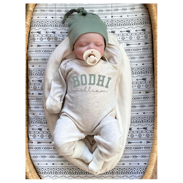 Baby Boy Coming Home Outfit, Personalized oatmeal vintage romper with hat, custom gender baby boy coming home, baby shower gift