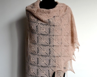 Hand Knitted Alpaca Merino Lace Shawl - Beige Triangular Scarf