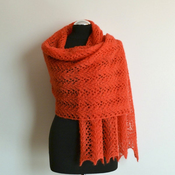 Coral red hand knitted lace shawl alpaca silk scarf rectangular handmade