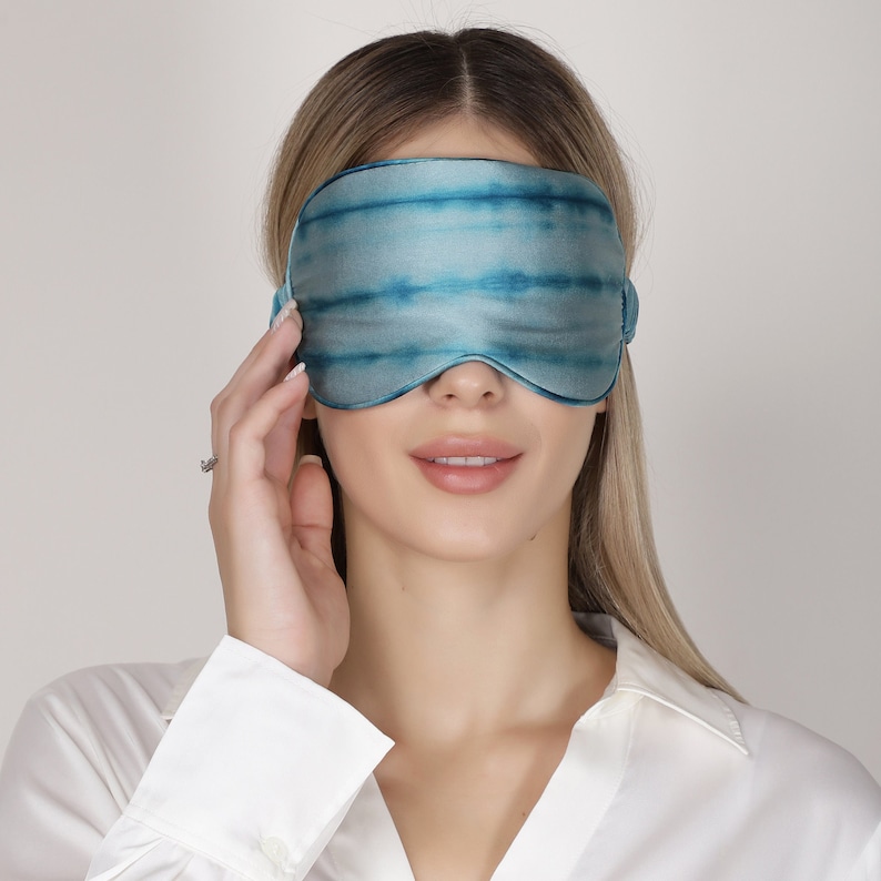 100% pure mulberry silk sleep mask/ eye mask/eye cover/super soft, hypoallergenic, blue, handmade, unique tie and dye design, night mask image 1