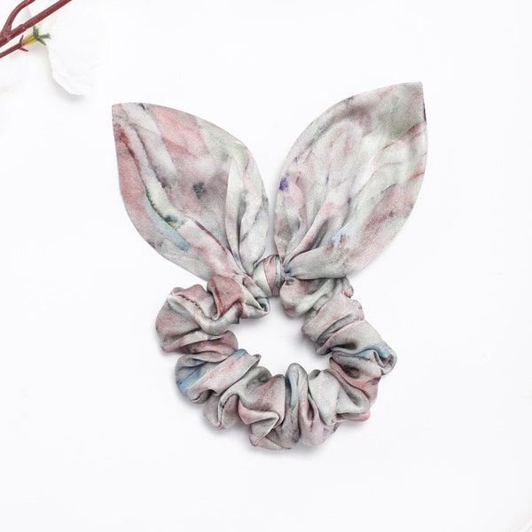 100% mulberry silk scrunchie with bow, bunny ears, knotted bow silk scrunchie, handmade, Hair tie, silk hair tie, luxury silk scrunchie