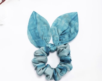 100% mulberry silk scrunchie with bow, bunny ears, tie and dye, knotted bow silk scrunchie, Hair tie, silk hair tie, luxury silk scrunchie