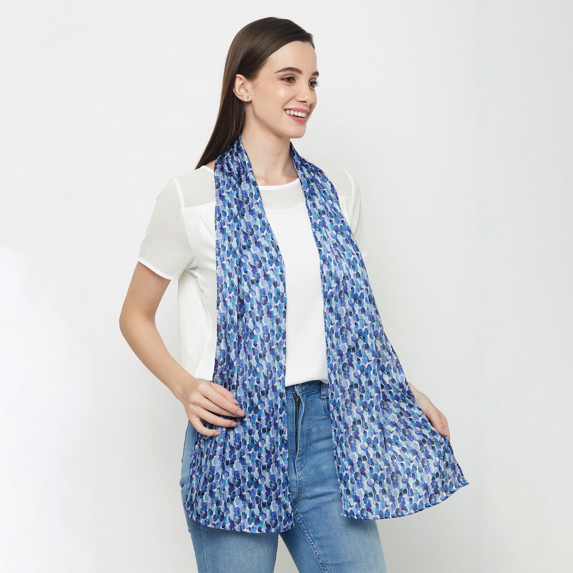 小物 Hand Printed Silk Scarf - blue Hand-painted Silk Scarf With Blue Exotic Flowers, Artistic