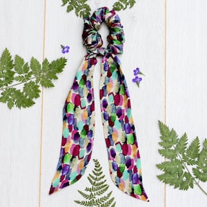 Silk Scarf Scrunchie, Scarf Scrunchie, Accessories, Handpainted, Handmade, Silk Hair Scarf, Hair tie with Bow,Scarf with Knot, silk hair tie