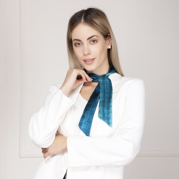 White & Blue Floral Print Neck Scarf - 100% Silk