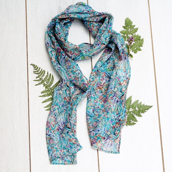 Écharpe 100 % soie, foulard, écharpe longue en soie, écharpe femme, foulard, floral peint à la main, fait main, cadeau pour elle, accessoires, écharpe en soie