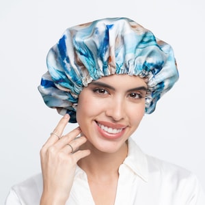 100% pure mulberry silk bonnet/ sleep cap/reversible/ adjustable string/super soft, hypoallergenic, frizz control/unique hand painted design