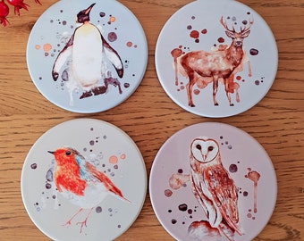 Ceramic coaster set of 4 hand painted designs