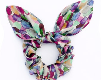 100% mulberry silk scrunchie with bow, bunny ears, knotted bow silk scrunchie, handmade, Hair tie, silk hair tie, luxury silk scrunchie