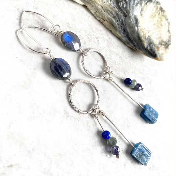 Multi gemstone dangle earrings, Modernist Long Sterling silver BLUE gemstone earrings Labradorite, Kyanite, Iolite, Lapis Artisan Handmade