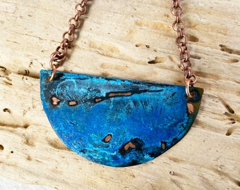 Copper Verdigris Moon Pendant, Handforged Copper Half Circle Metal Patina Jewelry  Blue Green Patina Necklace Rustic jewelry