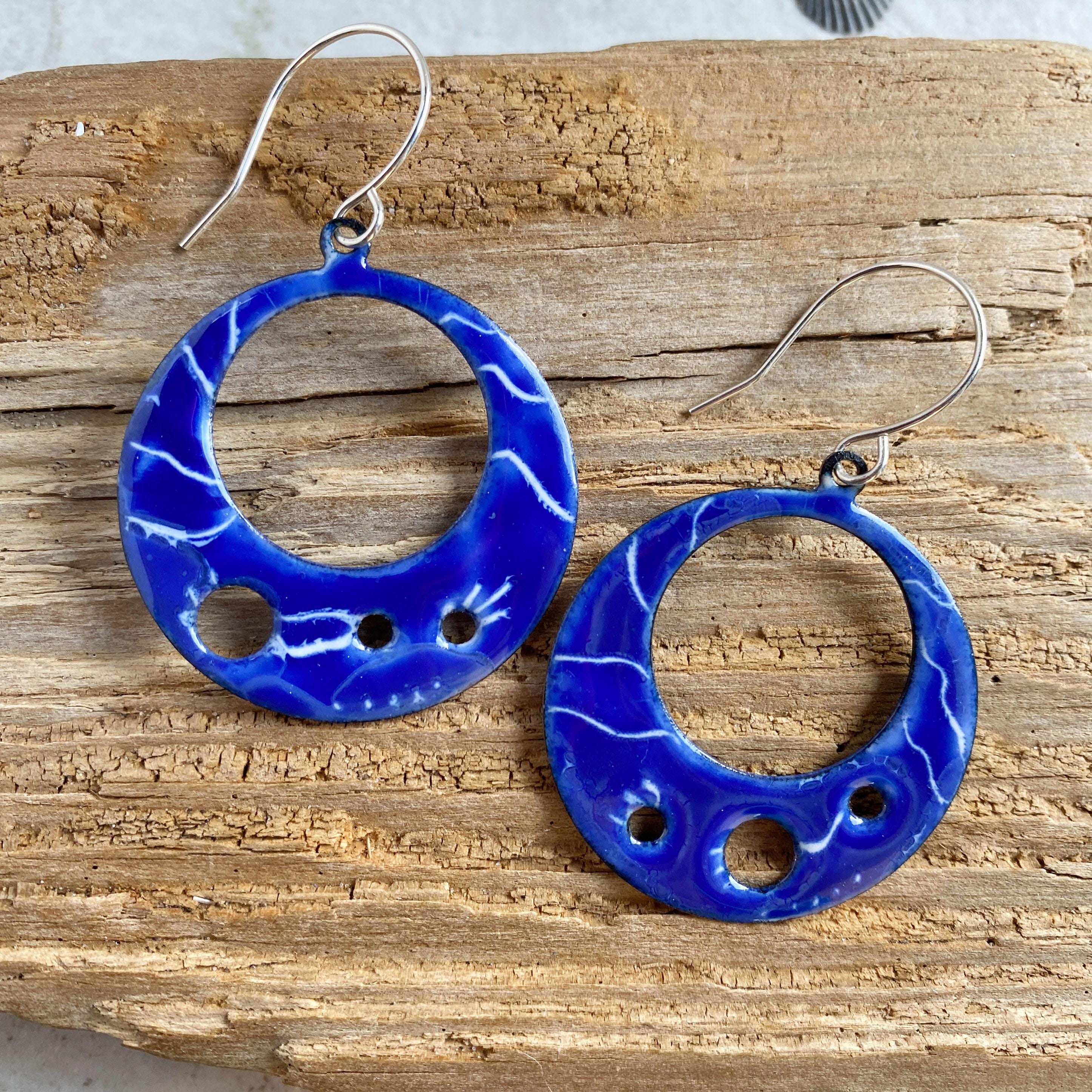 Blue Enamel Hoop Earrings: Handmade Copper Artisan Jewelry