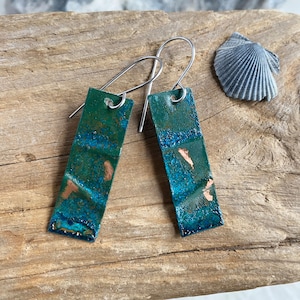 Verdigris patina earrings  Blue patina jewelry, Rustic copper patina earrings, Long primitive dangle, Green patina, Geometric, Ocean jewelry