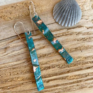 Verdigris Earrings Blue Green Copper Patina earrings, Copper Long Rectangle Rustic copper earrings, Artisan primitive metalwork jewelry
