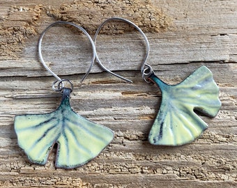 Enameled copper Ginkgo leaf earrings, Copper ginko leaf Artisan Earrings, Copper enamel Leaf jewelry, handmade nature jewelry