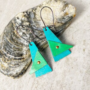 Geometric Riveted Copper Earrings Copper Patina earrings, Blue Green triangle patina earrings, Patinaed Primitive Dangle Handmade