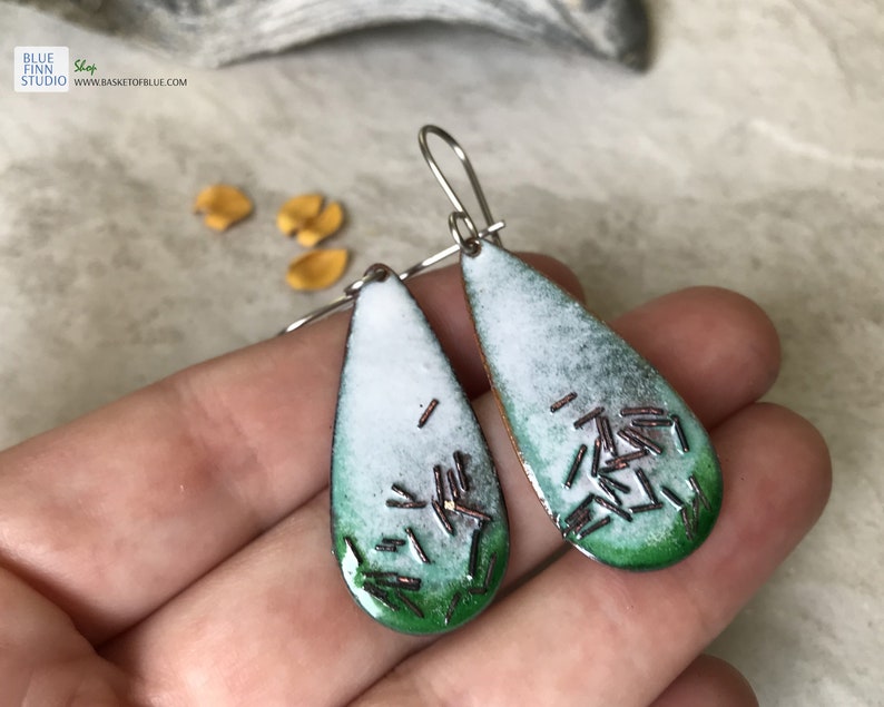 Green Enamel Copper Teardrop Earrings Long Oval Artistic Wire Earrings Handmade jewelry White Green Rustic Copper Torch Enameled earrings