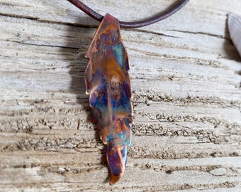 Copper Flame Painted Leaf Necklace Copper Pendant, Nature Jewelry Trees Leaves