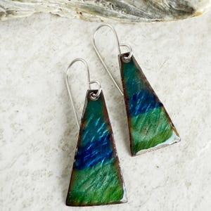 Enameled copper translucent Blue Green textured triangle earrings ocean colors Artisan handmade