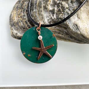 Green Patina Circle Starfish Charm Pendant, Rustic Copper Verdigris pendant, primitive copper necklace Boho jewelry handmade natural patina