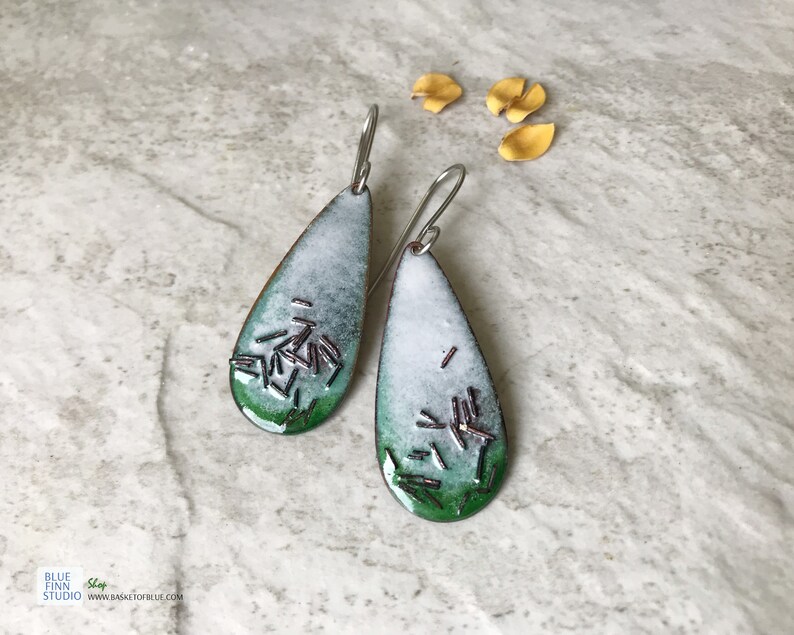 Green Enamel Copper Teardrop Earrings Long Oval Artistic Wire Earrings Handmade jewelry White Green Rustic Copper Torch Enameled earrings