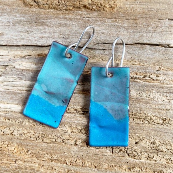 Rustic Blue Copper enamel Earrings, Fold formed copper enameled rectangle earrings  torch fired two tone blue