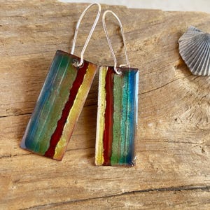 Transparent enameled copper textured copper earrings Enamel rectangle earrings multi color earrings Artisan enamel jewelry USA