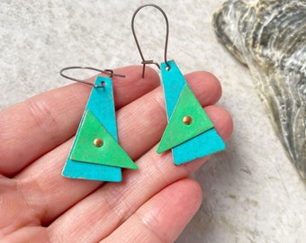 Copper Triangle Patina earrings, Blue and Green patina jewelry, Rustic Geometric Riveted Copper Earrings Patinaed Primitive Dangle Handmade