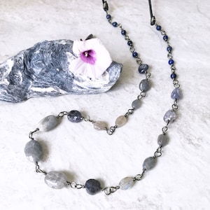 Long Labradorite Lapis Necklace: Blue Beaded Leather Cord Gemstone