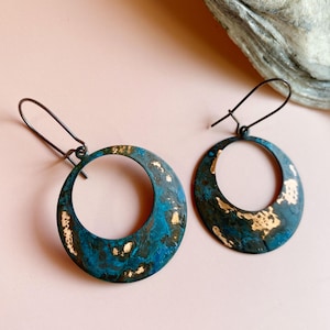 Large Hoop Copper Patina earrings, Blue Green patina jewelry, Rustic Ocean Beach Patinated Boho Round Dangle, Patinaed Primitive Handmade