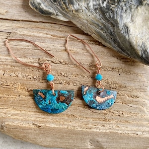 Blue Green Copper Patina half moon earrings, Rustic Verdigris Semicircle Dangle copper metalwork Ocean Inspired jewelry, Primitive Handmade