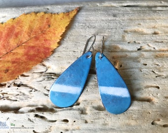 Blue and white Oval Enamel Earrings, Blue Long Teardrop Dangle Earrings Enameled copper Finland Scandinavian Jewelry Artisan handmade