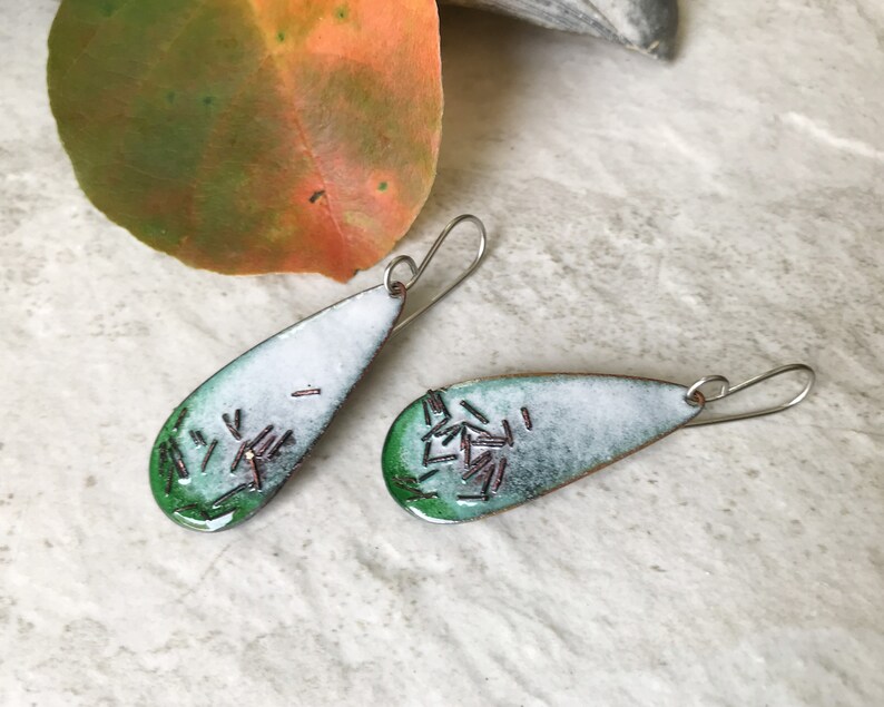 Green Enamel Copper Teardrop Earrings Long Oval Artistic Wire Earrings Handmade jewelry White Green Rustic Copper Torch Enameled earrings