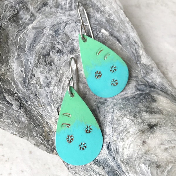 Copper Patina Painted Oval Blue Green Stamped Earrings