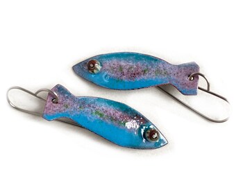 Blue Fish Earrings, Handcrafted enameled blue fish dangles, copper enamel torch fired rustic sealife ocean Pisces jewelry